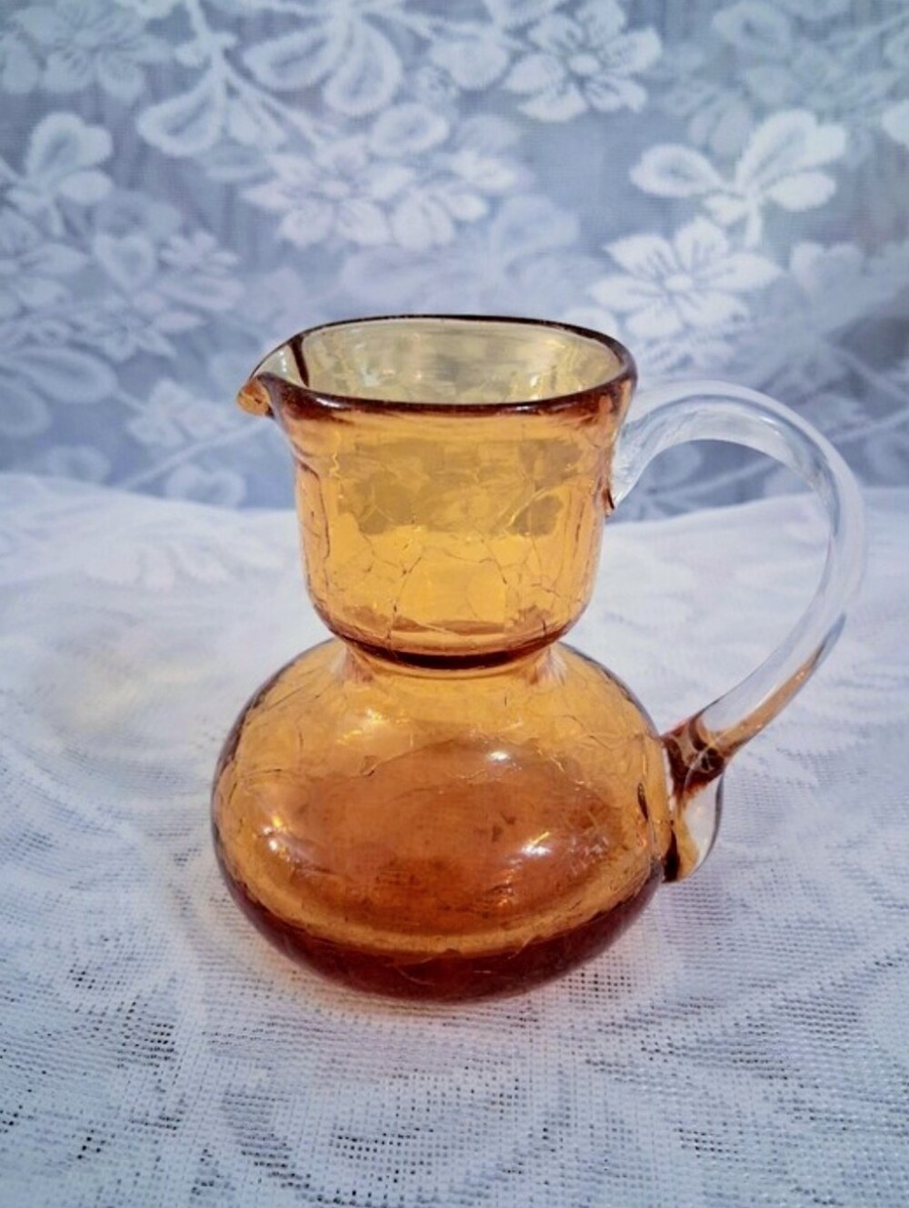 Vintage Honey Amber Crackle Glass Creamer Mini Pitcher